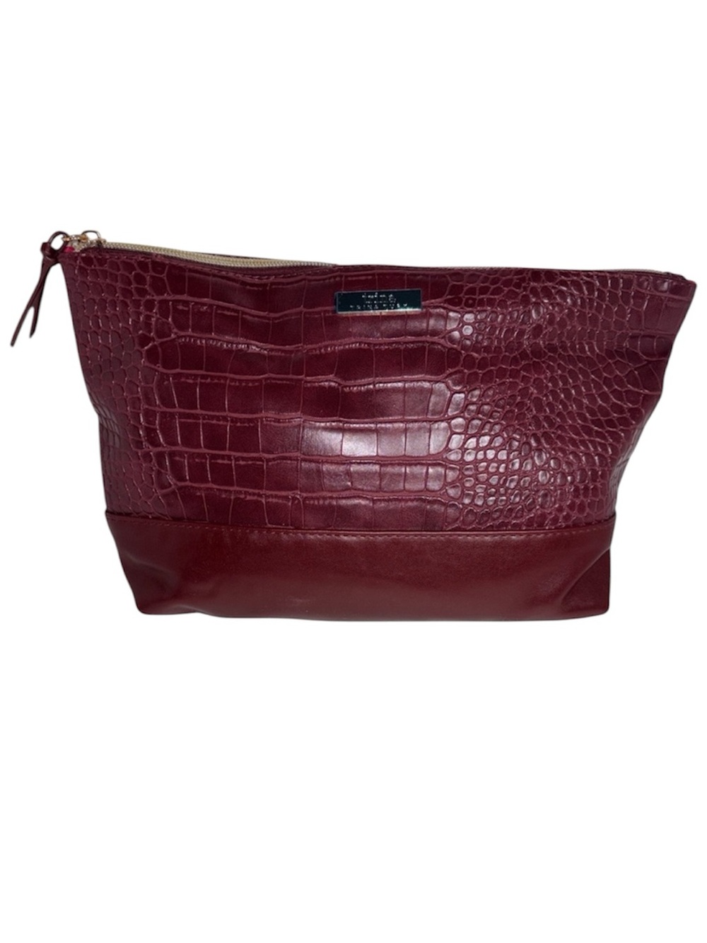 Trina Turk Makeup Bag Large Croco Embossed Burgundy Zip Top Closure Wipe Clean